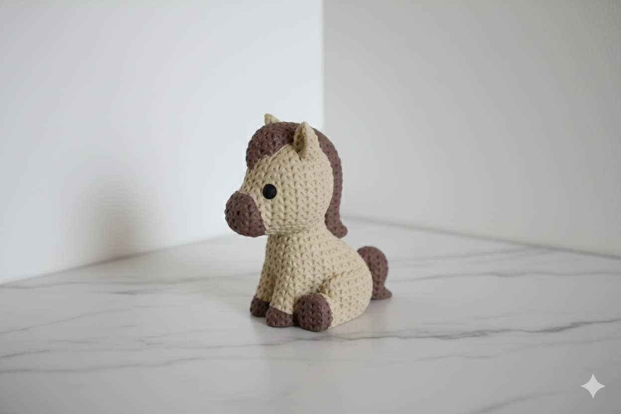 Bonita figura de pony de crochet en beige y marrón