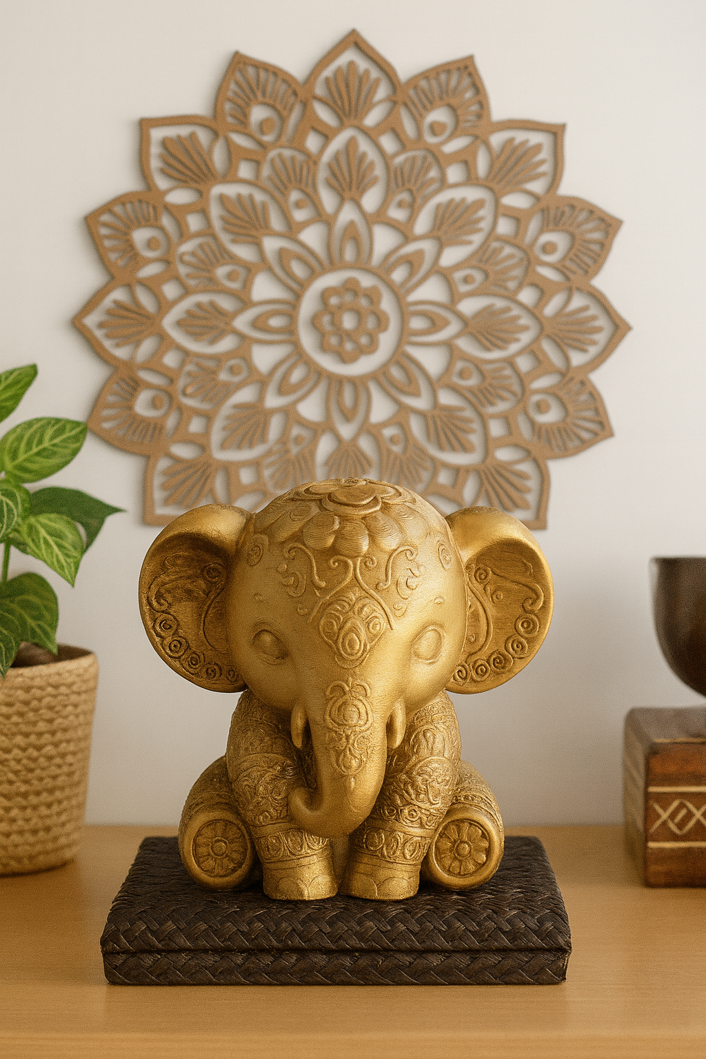 Golden Elephant Figurine – Hand-Painted Ornamental Sculpture
