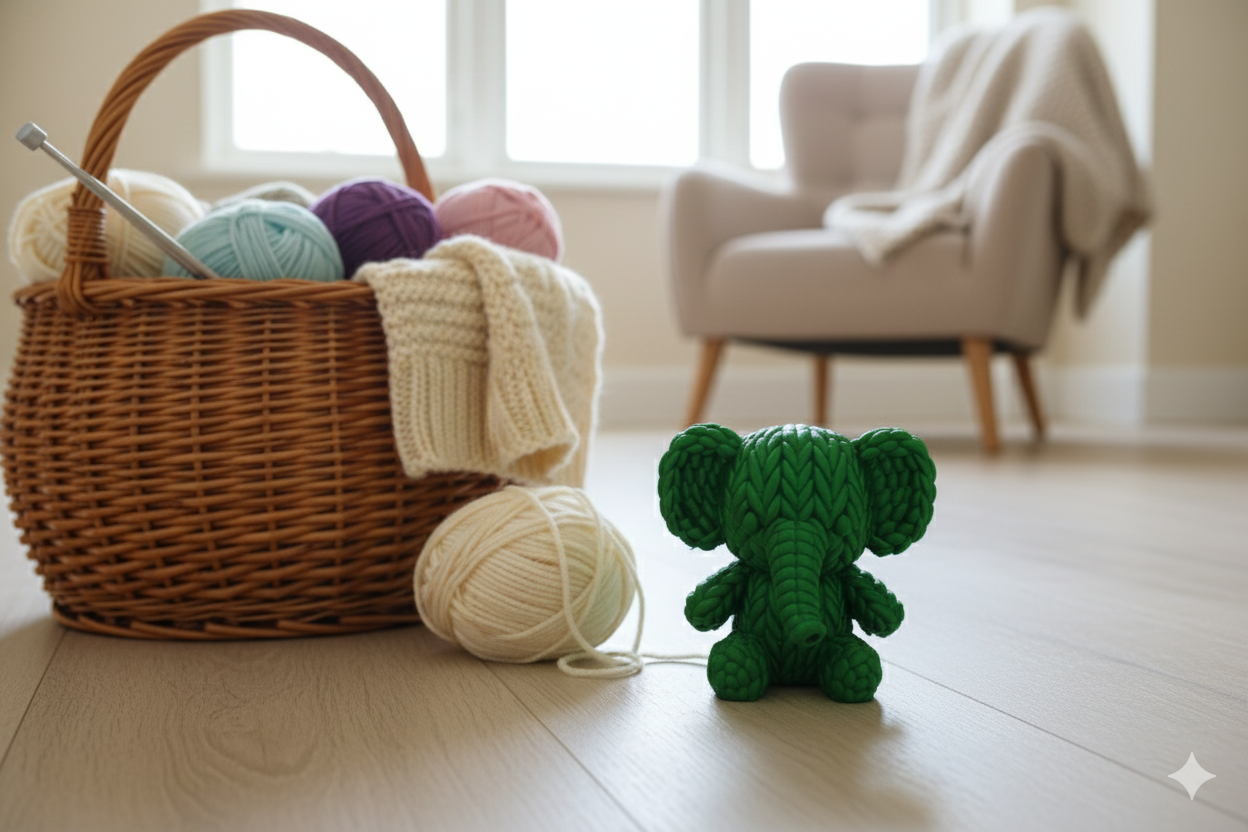 Decorative Figurine “Lucky Elephant” – Green Knit-Texture Sculpture