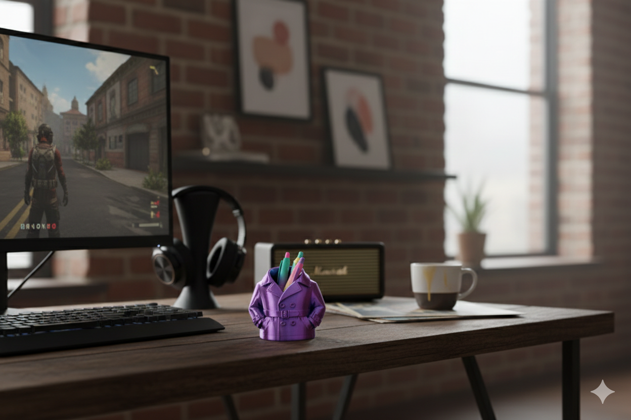 Purple and Blue Trench Coat Pen Holder – Stylish Desk Organizer