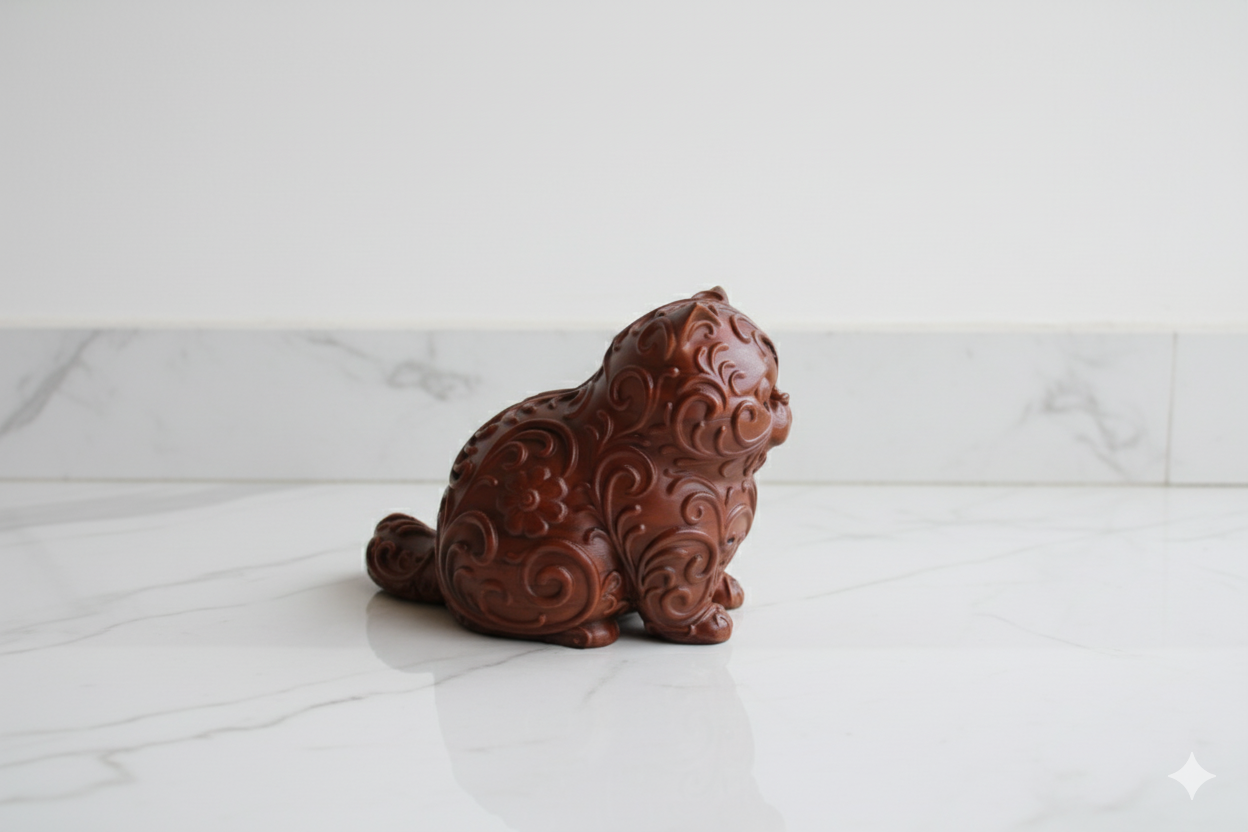 Hand-painted Baroque Cat Figurine – Ornamental Brown Sculpture with Vintage Scrollwork