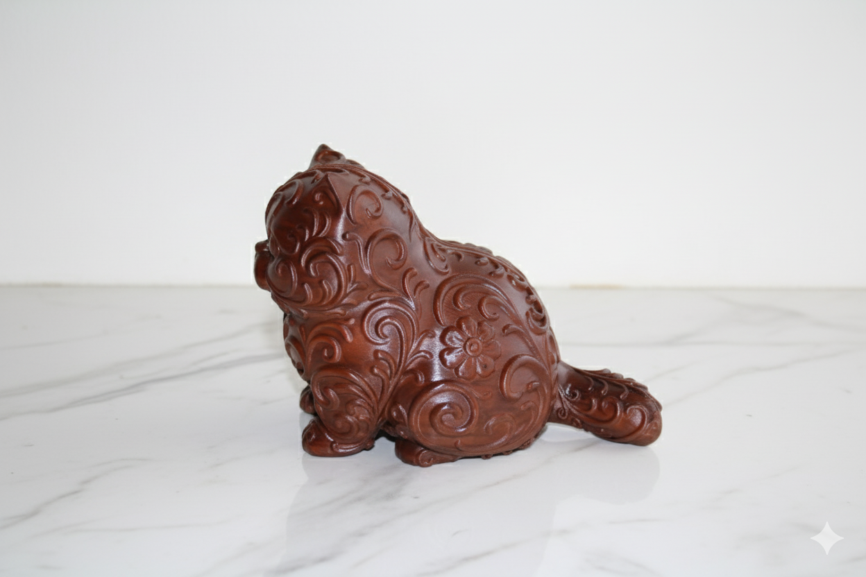 Hand-painted Baroque Cat Figurine – Ornamental Brown Sculpture with Vintage Scrollwork