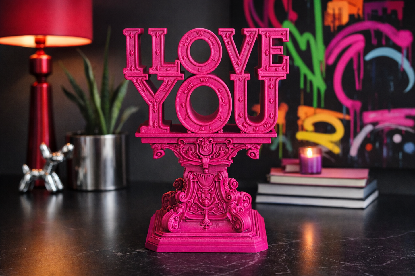 I Love You Decorative Sculpture – Ornate Statement Piece in Fuchsia Pink