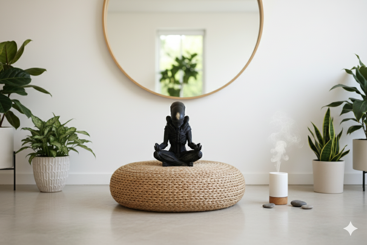 Meditating Alien Statue – Dark Sci-Fi Zen Sculpture