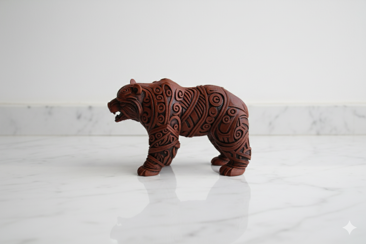 Tribal Bear Figurine – Ornamental Brown Sculpture with Carved Design