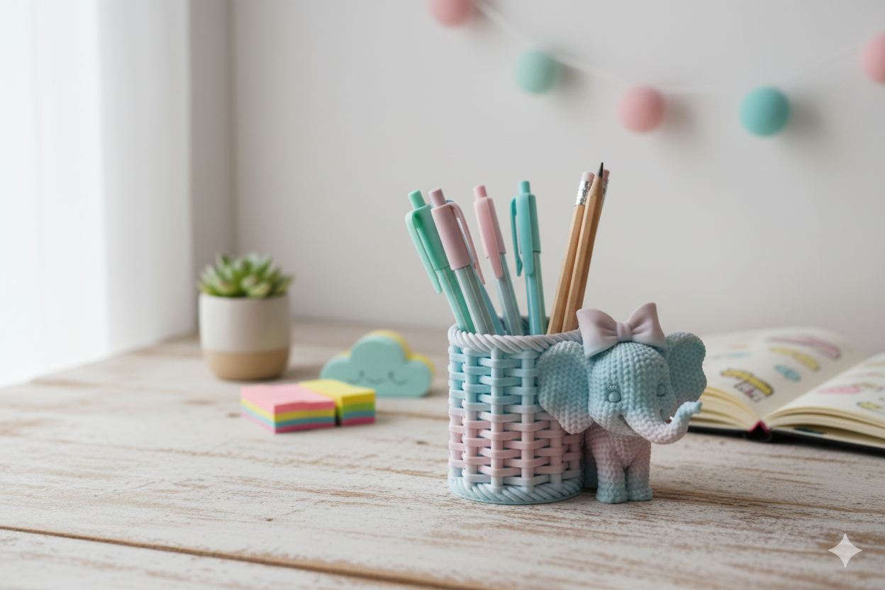 Pastel Elephant Pencil Holder – Cute Knitted-Style Desk Organizer