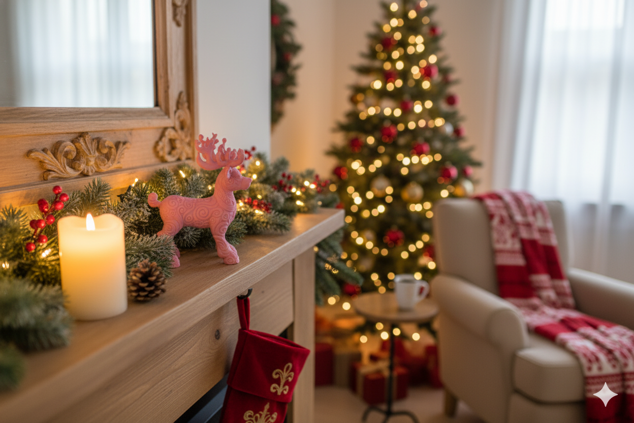 Pink Reindeer Figurine with Ornamental Texture – Elegant Christmas Decoration