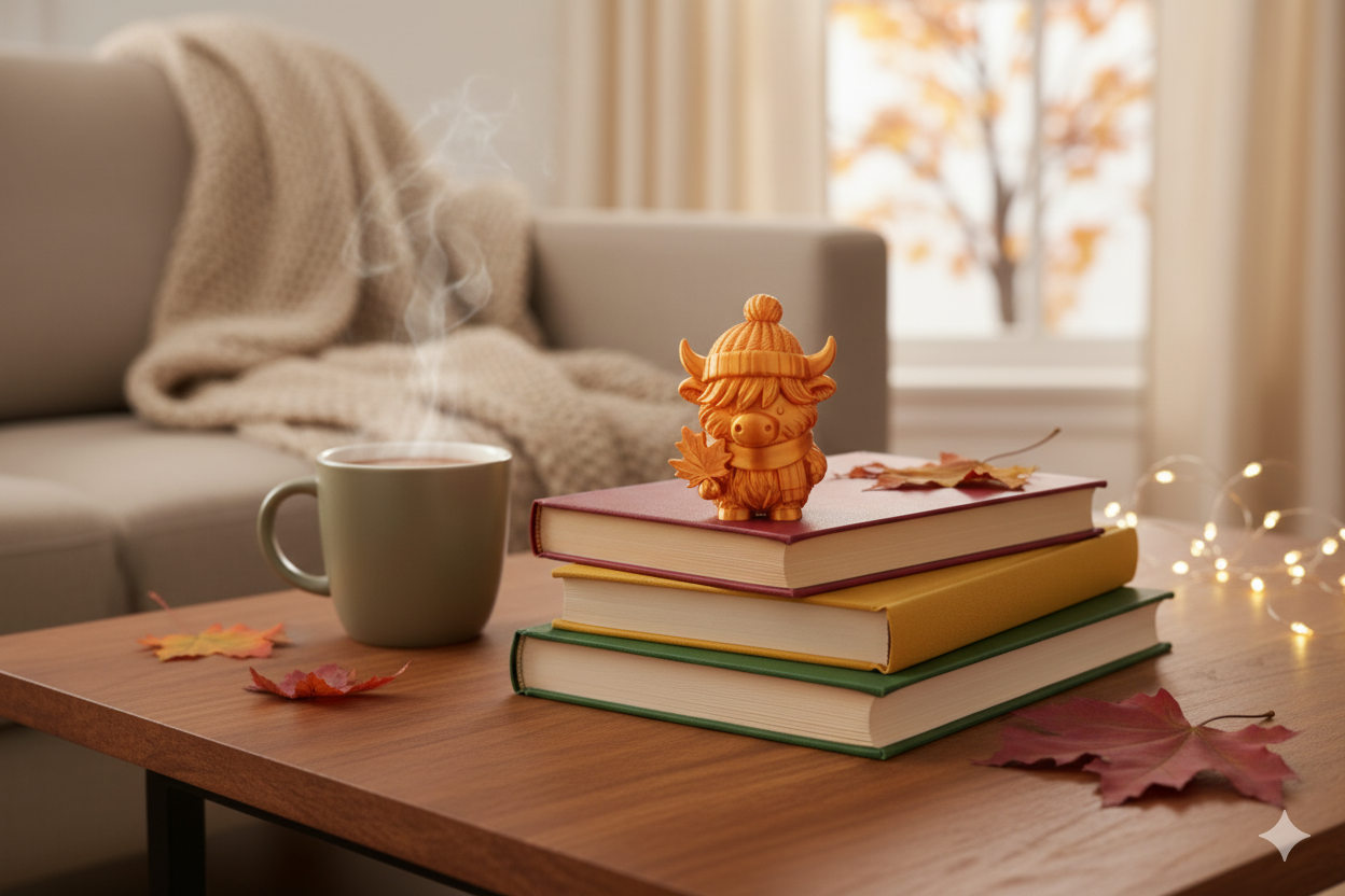 Two-Tone Orange & Pink Highland Cow Figurine – Shiny Autumn Decorative Sculpture