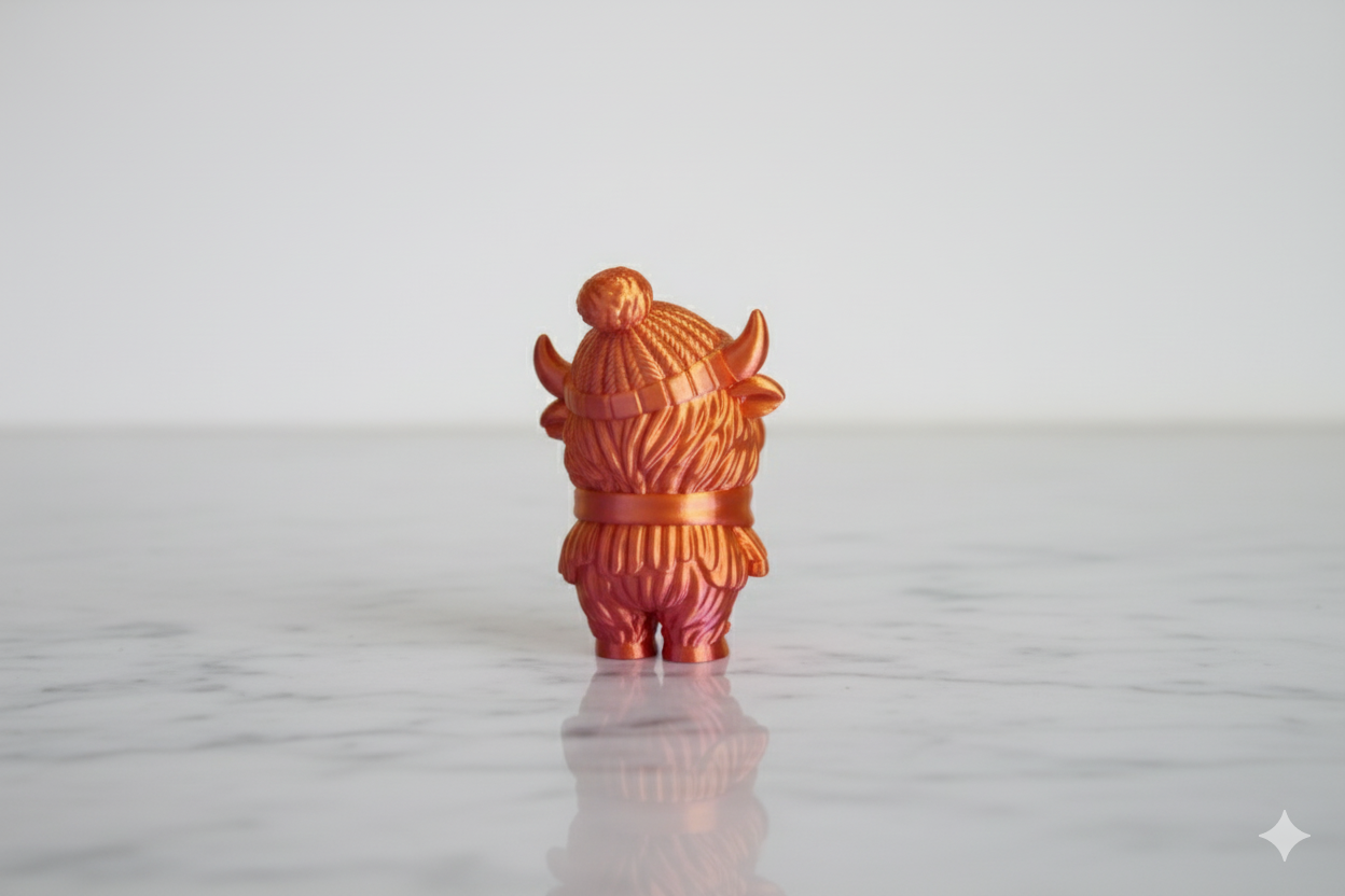 Two-Tone Orange & Pink Highland Cow Figurine – Shiny Autumn Decorative Sculpture