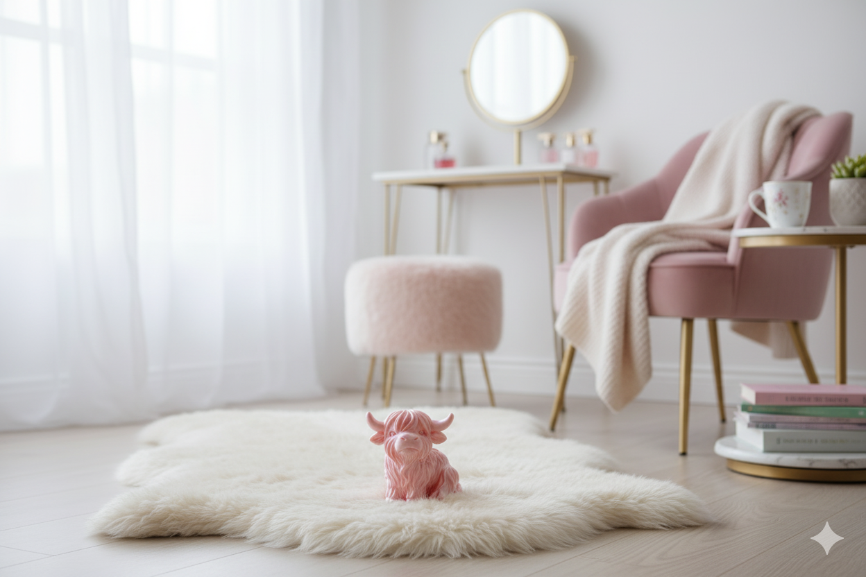 Pearl Pink Highland Cow Figurine – Shiny Decorative Sculpture for Home & Gifts