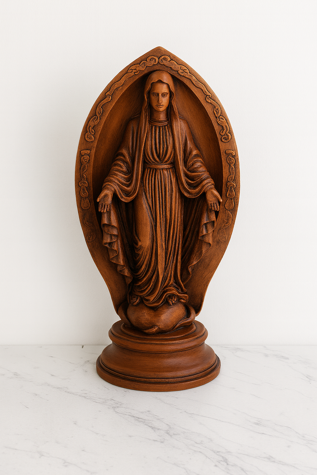 Virgin Mary Statue with Wooden Finish – Hand-Painted Sacred Art (18 cm)
