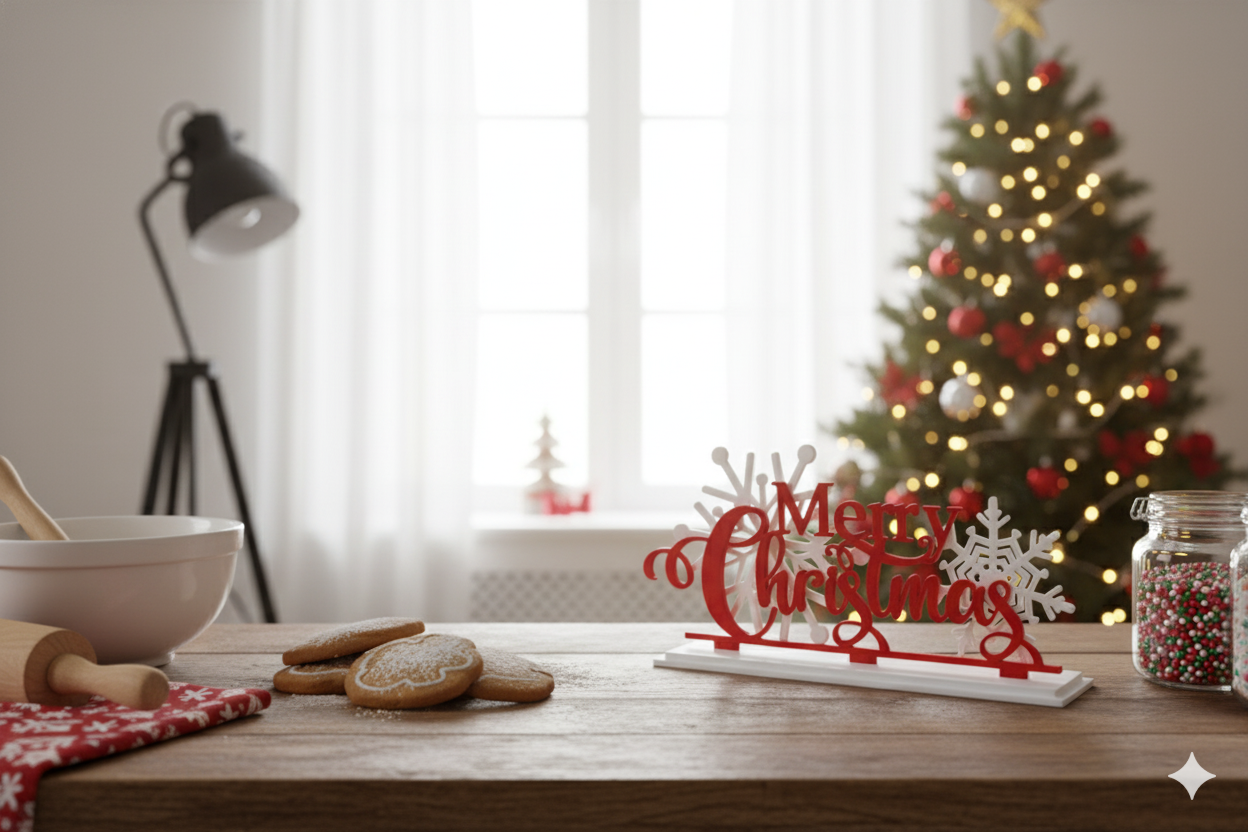 “Merry Christmas” Sign with Stand – Elegant Red and White Holiday Decoration