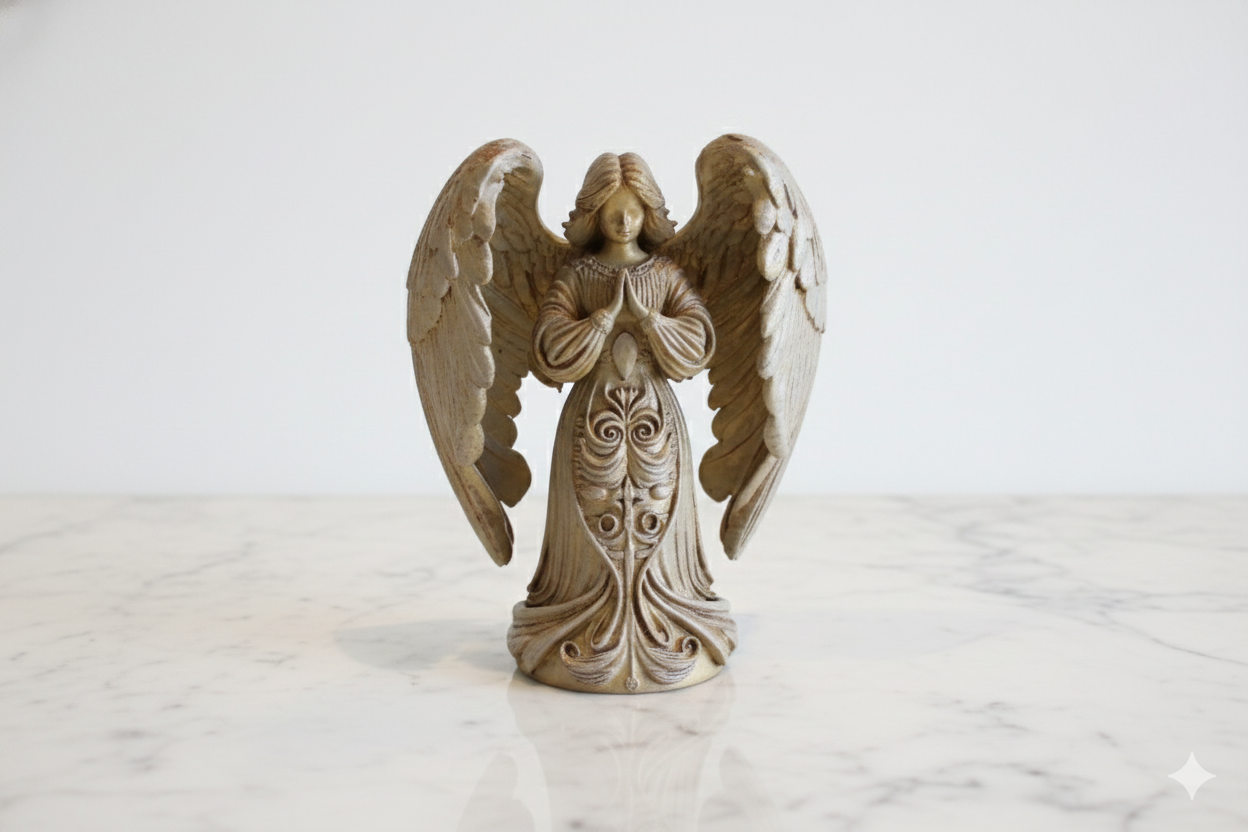Decorative Angel Figurine in Light Stone and Soft Gold – Hand-Painted