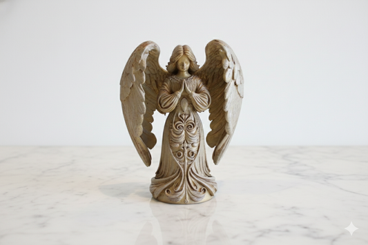 Decorative Angel Figurine in Light Stone and Soft Gold – Hand-Painted