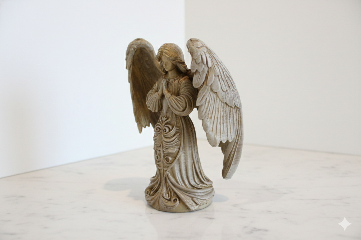 Decorative Angel Figurine in Light Stone and Soft Gold – Hand-Painted