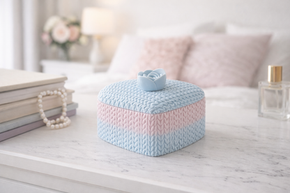 Heart-Shaped Knitted Look Trinket Box – Pastel Decorative Storage