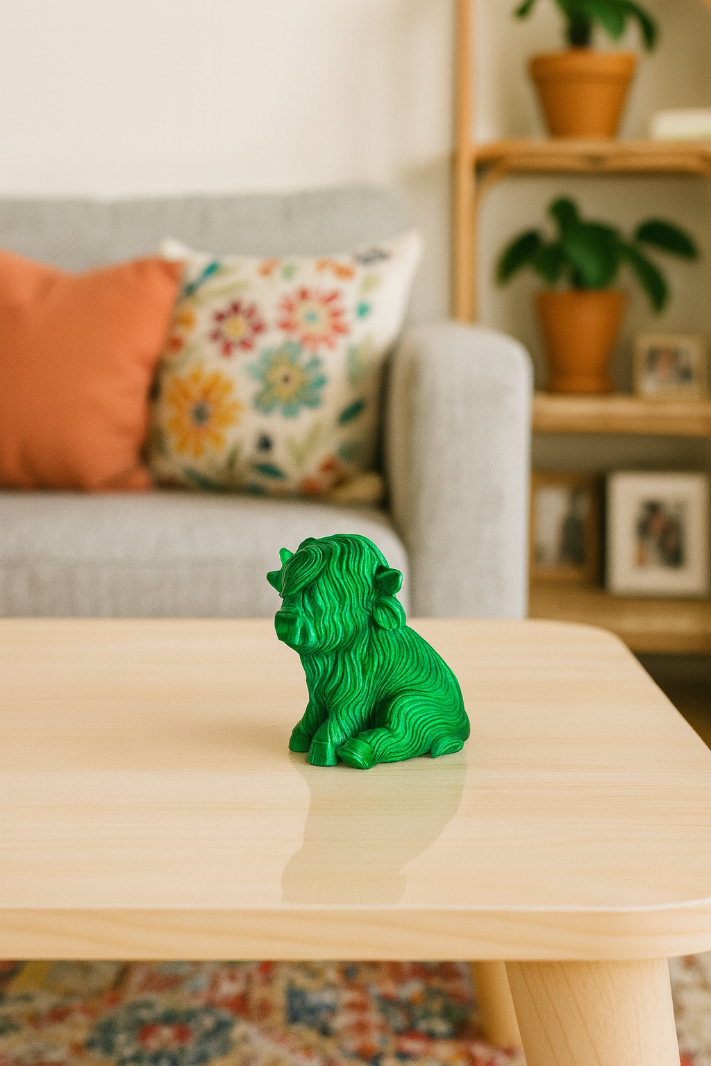 Emerald Highland Cow Figurine – Modern Mini Sculpture