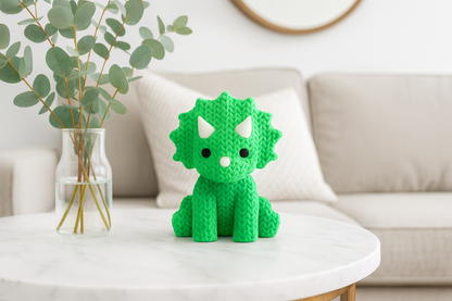 Green Knitted Triceratops Figurine – Cute Dinosaur Decorative Sculpture