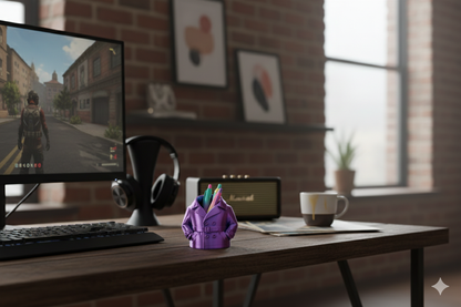 Purple and Blue Trench Coat Pen Holder – Stylish Desk Organizer