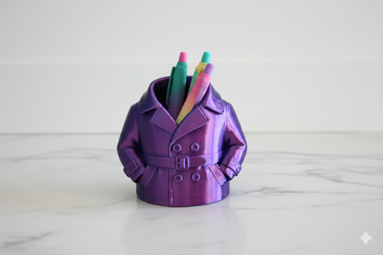 Purple and Blue Trench Coat Pen Holder – Stylish Desk Organizer