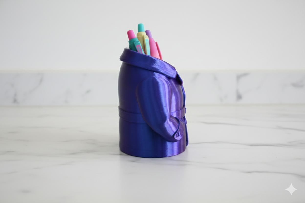 Purple and Blue Trench Coat Pen Holder – Stylish Desk Organizer