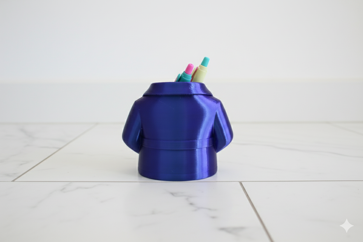 Purple and Blue Trench Coat Pen Holder – Stylish Desk Organizer