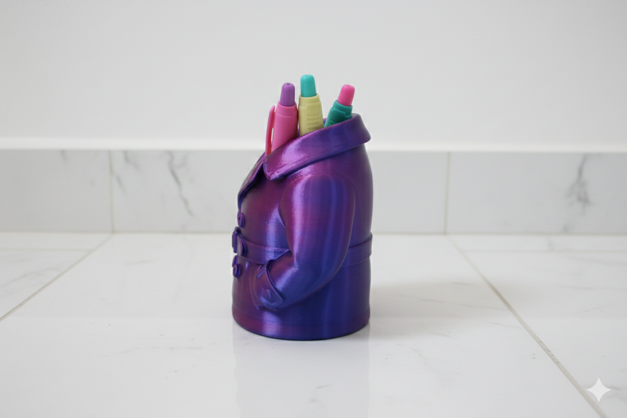 Purple and Blue Trench Coat Pen Holder – Stylish Desk Organizer