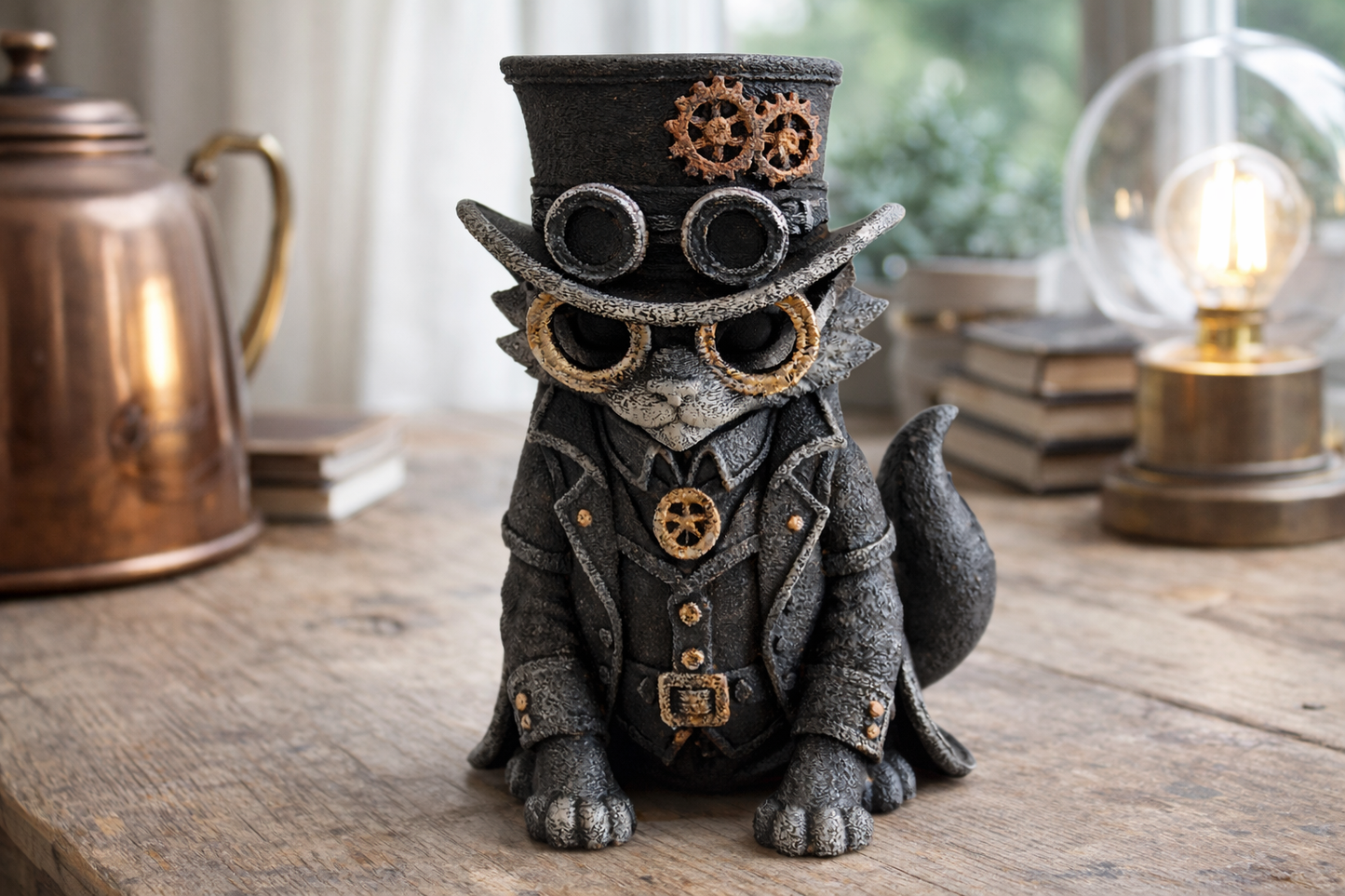 Steampunk Cat Figurine – Hand Painted Decorative Sculpture (15 cm)