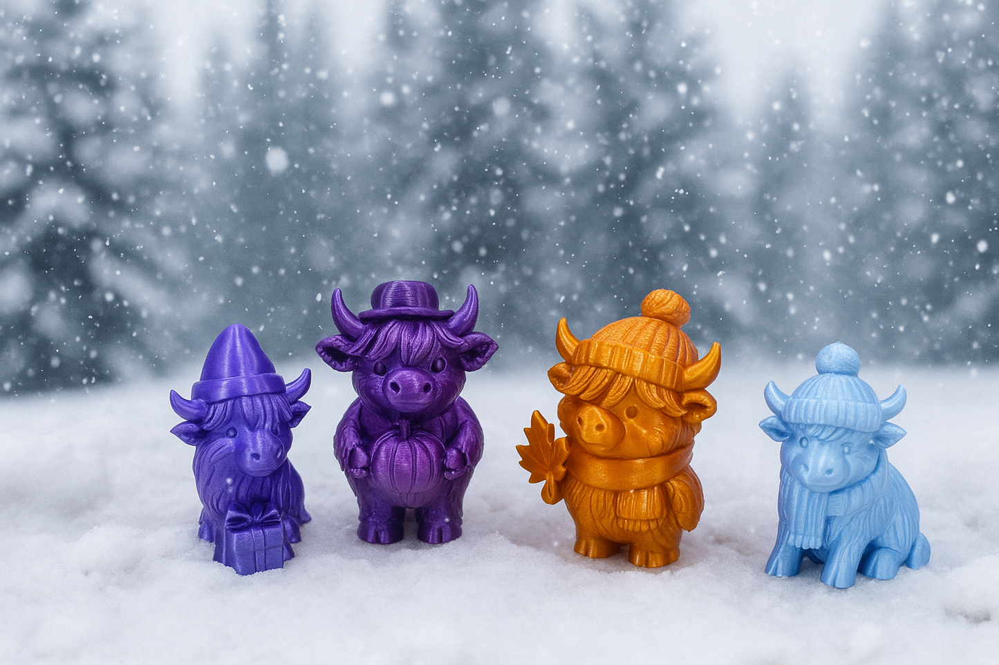 Winter Highland Cow Set – Colorful Holiday Figurines