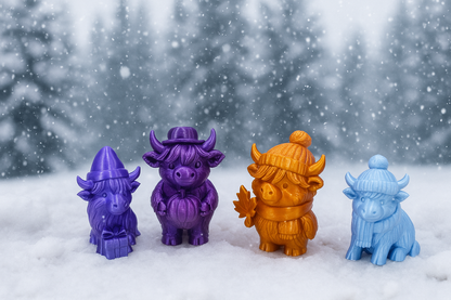 Winter Highland Cow Set – Colorful Holiday Figurines