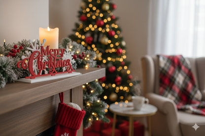 Letrero de "Feliz Navidad" con soporte: elegante decoración navideña en rojo y blanco