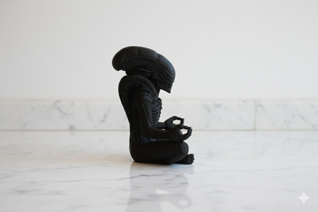 Estatua de extraterrestre meditando: escultura zen de ciencia ficción oscura