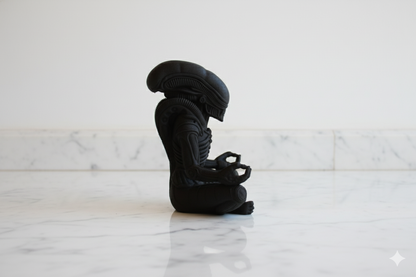Estatua de extraterrestre meditando: escultura zen de ciencia ficción oscura