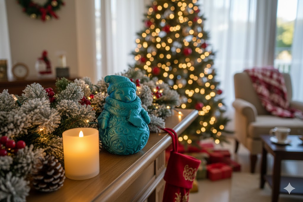 Figura de muñeco de nieve azul con detalles ornamentales: elegante decoración invernal