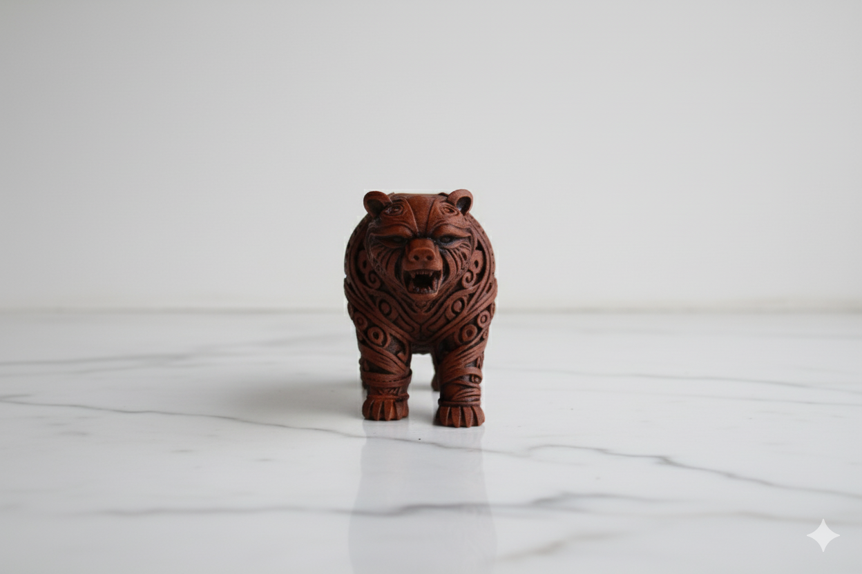 Tribal Bear Figurine – Ornamental Brown Sculpture with Carved Design