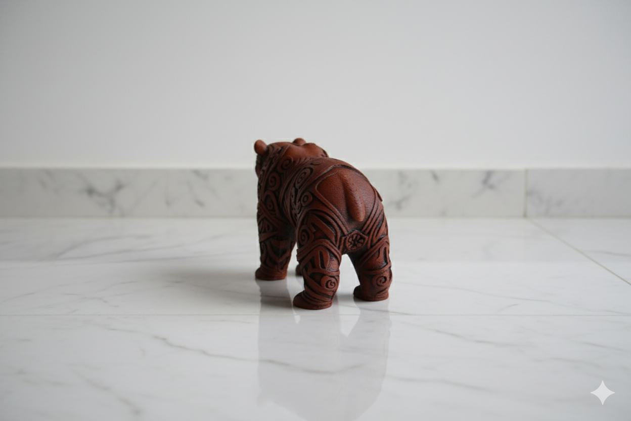 Tribal Bear Figurine – Ornamental Brown Sculpture with Carved Design