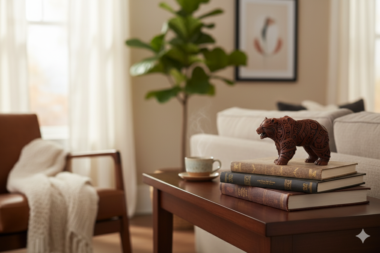 Tribal Bear Figurine – Ornamental Brown Sculpture with Carved Design