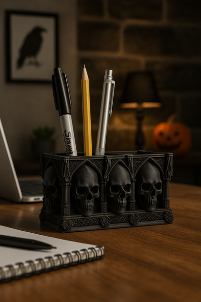 Gothic Skull Pen Holder – Dark Cathedral Desk Organizer