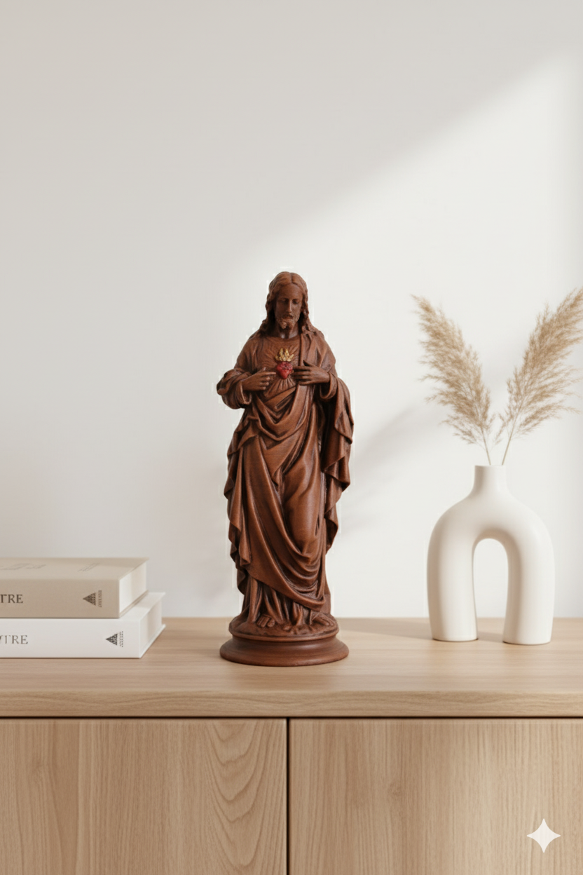 Sacred Heart of Jesus Figurine – Hand-Painted Wood Finish