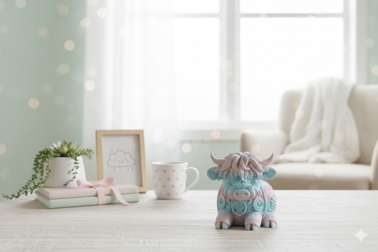 Pastel Cow Figurine – Pink & Blue Decorative Sculpture