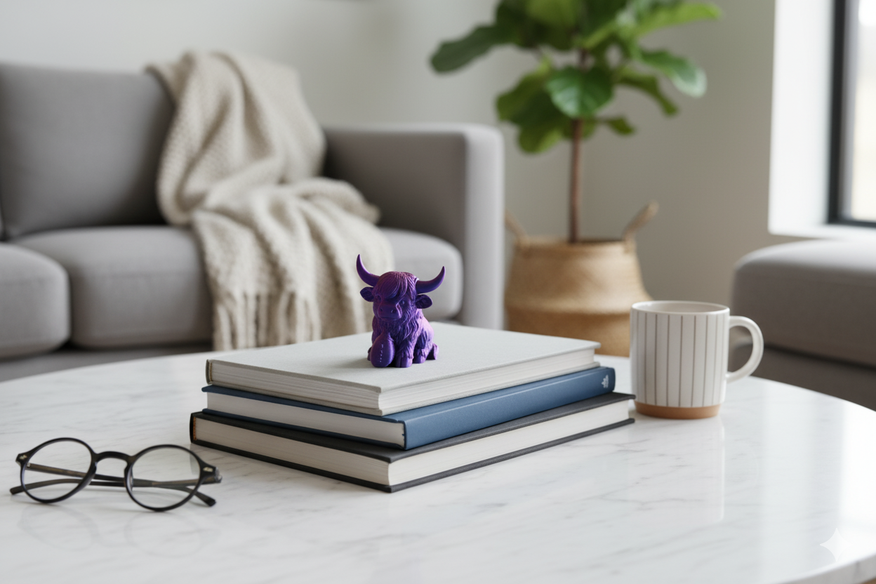 Purple Lucky Cow with Rugby Ball – Mini Figurine for Desk or Gift