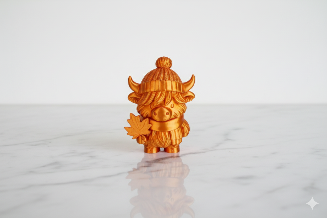 Two-Tone Orange & Pink Highland Cow Figurine – Shiny Autumn Decorative Sculpture