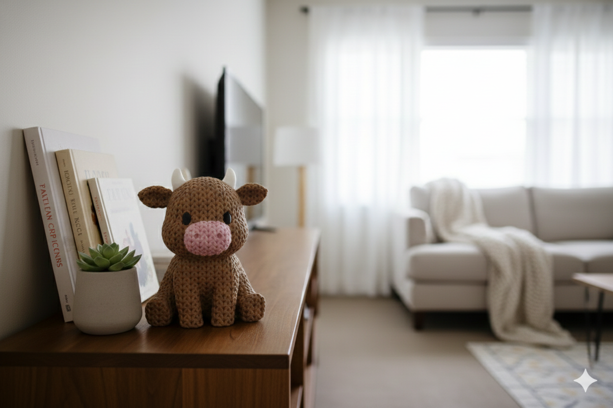 Knitted-Style Cow Figurine – Cute Decorative Farm Animal Sculpture