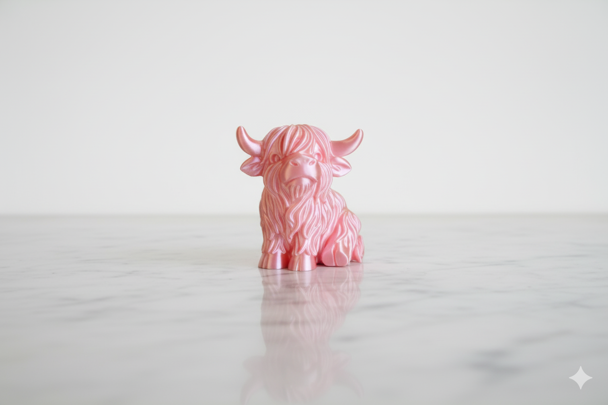 Pearl Pink Highland Cow Figurine – Shiny Decorative Sculpture for Home & Gifts