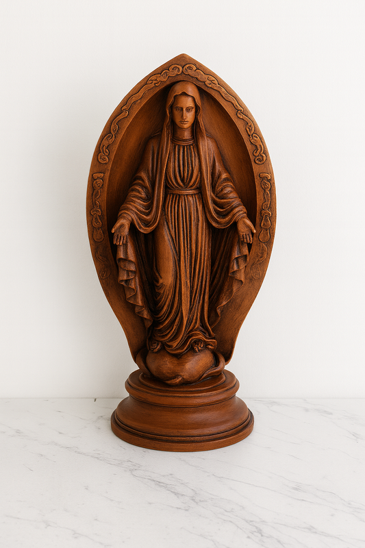 Virgin Mary Statue with Wooden Finish – Hand-Painted Sacred Art (18 cm)