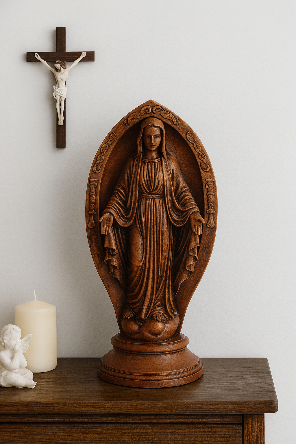 Virgin Mary Statue with Wooden Finish – Hand-Painted Sacred Art (18 cm)