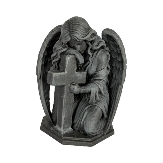 Ángel arrodillado con cruz de 14 cm, figura de PLA pintada a mano con acabado gris oscuro efecto hierro. Eterna Wonder.